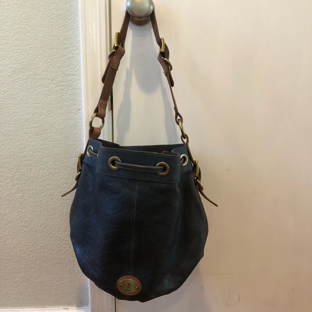 Fossil Leather Blue Barrel Bag